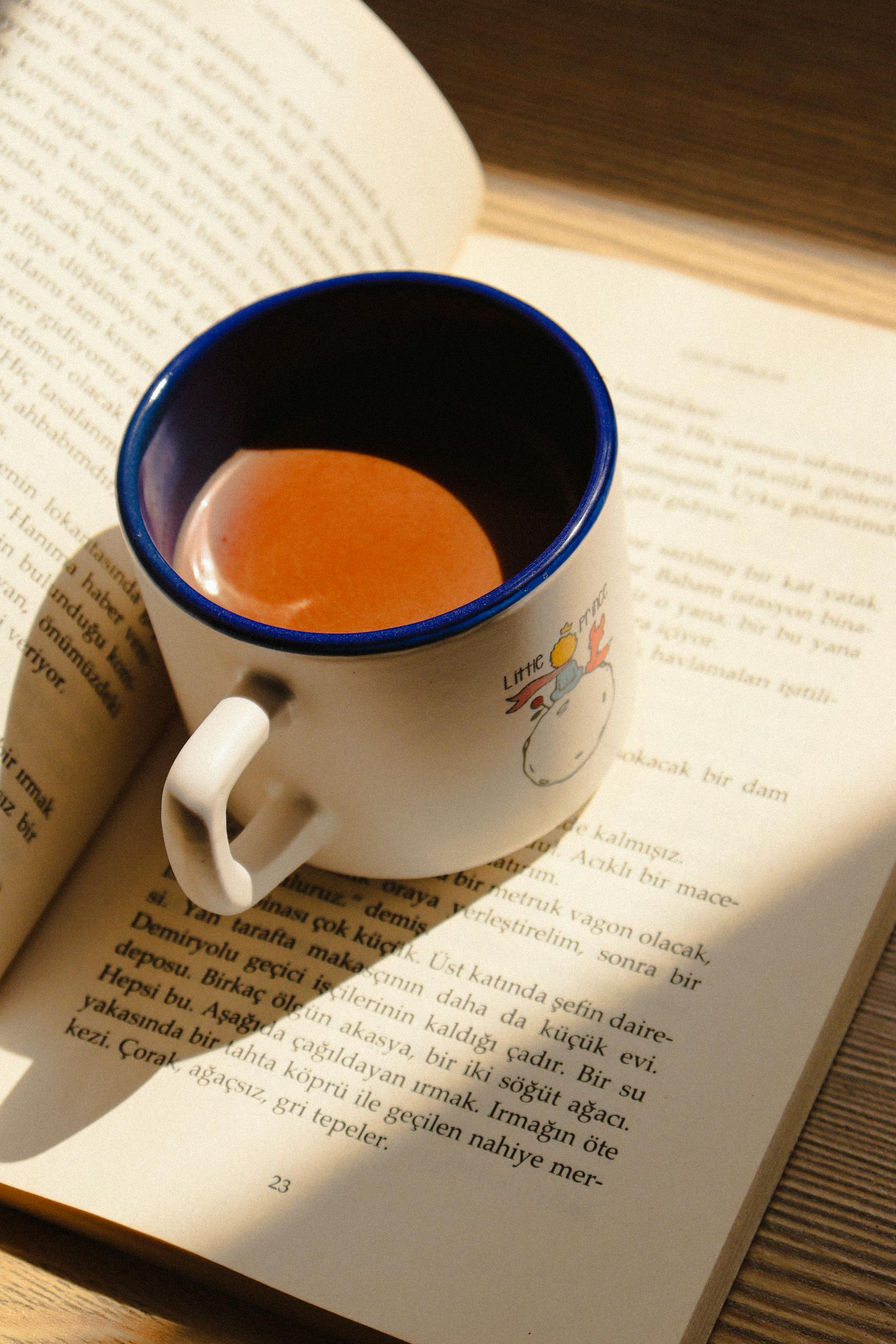 A cozy setup with a coffee mug on an open book, bathed in warm sunlight, perfect for relaxation.